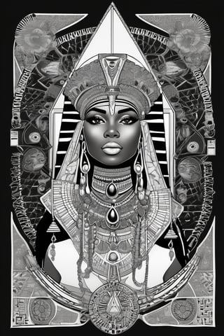 black woman, egyptian art, ankh, pyramid, djed,  illustration, black and white, clean, line art, fractal art, sacred geometry, black and white, adult black and white coloring book style, 432hz cymatics, kemet, african meditation, 7 energy chakras,Leonardo Style