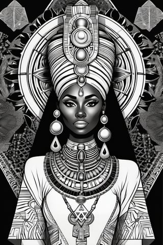 black woman, egyptian art, ankh, pyramid, djed,  illustration, black and white, clean, line art, fractal art, sacred geometry, black and white, adult black and white coloring book style, 432hz cymatics, kemet, african meditation, 7 energy chakras,Leonardo Style