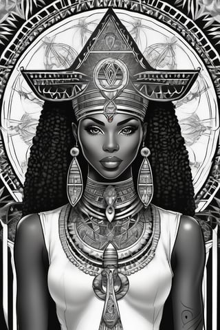 black woman, egyptian art, ankh, pyramid, djed,  illustration, black and white, clean, line art, fractal art, sacred geometry, black and white, adult black and white coloring book style, 432hz cymatics, kemet, african meditation, 7 energy chakras,Leonardo Style