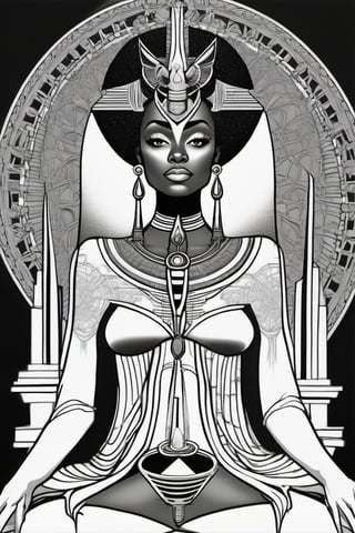 black woman, egyptian art, ankh, pyramid, djed,  illustration, black and white, clean, line art, fractal art, sacred geometry, black and white, adult black and white coloring book style, 432hz cymatics, kemet, african meditation, 7 energy chakras,Leonardo Style