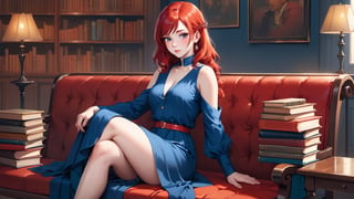 A (((beautiful young woman with red hair))), dressed in a (((blue and red outfit))), posing elegantly on a bench in a ((room)), with an air of confidence and seduction. Her gaze falls softly upon the viewer, surrounded by an array of books that add an intellectual and artful atmosphere. The combination of the woman's attire, her gaze, and the presence of the books creates an erotic and intriguing scene that captures the viewer's attention. nsfw,