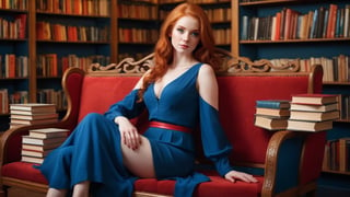 A (((beautiful young woman with red hair))), dressed in a (((blue and red outfit))), posing elegantly on a bench in a ((room)), with an air of confidence and seduction. Her gaze falls softly upon the viewer, surrounded by an array of books that add an intellectual and artful atmosphere. The combination of the woman's attire, her gaze, and the presence of the books creates an erotic and intriguing scene that captures the viewer's attention. nsfw