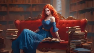 A (((beautiful young woman with red hair))), dressed in a (((blue and red outfit))), posing elegantly on a bench in a ((room)), with an air of confidence and seduction. Her gaze falls softly upon the viewer, surrounded by an array of books that add an intellectual and artful atmosphere. The combination of the woman's attire, her gaze, and the presence of the books creates an erotic and intriguing scene that captures the viewer's attention. nsfw,