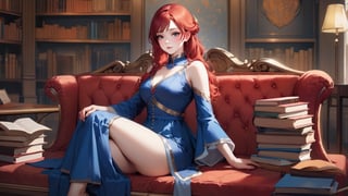 A (((beautiful young woman with red hair))), dressed in a (((blue and red outfit))), posing elegantly on a bench in a ((room)), with an air of confidence and seduction. Her gaze falls softly upon the viewer, surrounded by an array of books that add an intellectual and artful atmosphere. The combination of the woman's attire, her gaze, and the presence of the books creates an erotic and intriguing scene that captures the viewer's attention. nsfw,