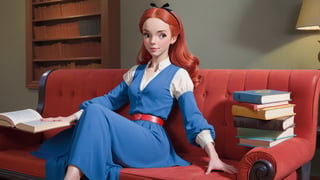 A (((beautiful young woman with red hair))), dressed in a (((blue and red outfit))), posing elegantly on a bench in a ((room)), with an air of confidence and seduction. Her gaze falls softly upon the viewer, surrounded by an array of books that add an intellectual and artful atmosphere. The combination of the woman's attire, her gaze, and the presence of the books creates an erotic and intriguing scene that captures the viewer's attention. nsfw,