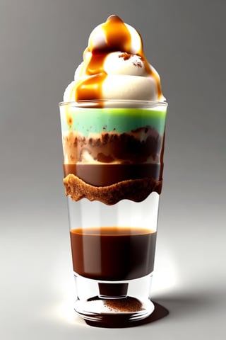 best quality, masterpiece, (photorealistic:1.4), icecream with caramel on the top, in glass, white background.
