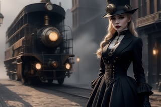 HZ steampunk,Masterpiece, highres,natural volumetric lighting and best shadows,highly detailed face, highly detailed facial features, 1girl with all black clothes, hat, gloves, ground vehicle, solo, black gloves, outdoors,dim light, blonde hair, hair up, blurry, car, motor vehicle, blurry background, black headwear, dress, jewelry, building, black dress, lips, realistic, coat, grey sky, long sleeves, standing, black smoke fills the air