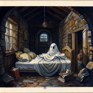 inside  a run down stone house Dickenson's three christmas ghosts visitng a beggar woman weeping at the side of a empty crib, 1930s post card