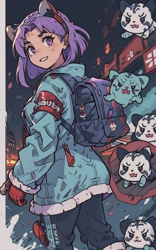 Comic, kawaii, master piece, beautiful girl in an abandoned zombie filled city, red_panda, paw_gloves, Fur_boots, animal_marking, face_paint, chocolate_hair, violet_eyes, furry_jacket,yofukashi background, zombies,hinata,1990s \(style\),kusanagi motoko,city,chundef, action_pose, battle_stance, back_pack,running,teenage , ripped_clothing, bloody_clothes, sweatpants,Circle,vectorstyle, happy_face, hungry,cammy sf6,c.c.,manga,manwha,chara-sheet