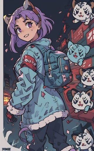 Comic, kawaii, master piece, beautiful girl in an abandoned zombie filled city, red_panda, paw_gloves, Fur_boots, animal_marking, face_paint, chocolate_hair, violet_eyes, furry_jacket,yofukashi background, zombies,hinata,1990s \(style\),kusanagi motoko,city,chundef, action_pose, battle_stance, back_pack,running,teenage , ripped_clothing, bloody_clothes, sweatpants,Circle,vectorstyle, happy_face, hungry,cammy sf6,c.c.,manga,manwha,chara-sheet