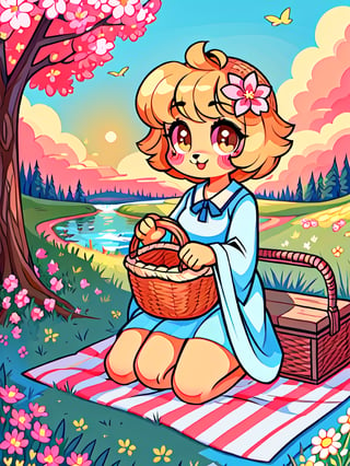 Solo_female,1930s (style), kawaii, outdoor, high_resolution, digital_art,|,a flowery field on a cool summer afternoon next to a brook| old blankets, bench, picnic, ruck_sack, basket, sack|,vectorstyle