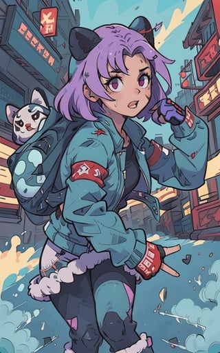 Comic, kawaii, master piece, beautiful girl in an abandoned zombie filled city, red_panda, paw_gloves, Fur_boots, animal_marking, face_paint, chocolate_hair, violet_eyes, furry_jacket,yofukashi background, zombies,hinata,1990s \(style\),kusanagi motoko,city,chundef, action_pose, battle_stance, back_pack,running,teenage , ripped_clothing, bloody_clothes, sweatpants,Circle,vectorstyle, happy_face, hungry,cammy sf6,c.c.,manga,manwha,chara-sheet