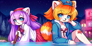 1930s (style), kawaii, 1930s (style),furry, kawaii, red_panda, ancient_egyptian, lavender_hair, blue_eyes, anthromorph, high_resolution, digital_art, cute_fang, golden_jewelry, messy_hair, curvy_figure, body scars, female, bath_robe, sweating, Red_fur, chest_fluff, fore_paws, newsboy cap, limping using a long heavily walking stick, a men's lounge jacket embroidered with Sami symbolism, bohemian vest, and Ascot, worn-out skirt, and metal leg brace on her left leg, walking a cuddly white golden retriever pup, surrounded by a haunted 1920s Oregon mountain town, nestled in the cliffs, outdoors,mikudef,bikini jeans, dress