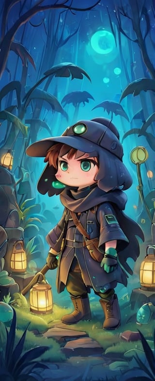 In a desolate world, a young grave digger boy roams the Bioluminescent tundra graveyard, his fur cloak and gas mask shielding him from the toxic air. With his magical miner's lantern and pick ax, he navigates the retro-future, hydro-punk landscape, reminiscent of a 1930s cartoon. But in this world, danger lurks around every corner. Will he find fortune or meet his doom on this treacherous journey?,gas mask,plague_doctor_mask ,Cybermask,3d style,chibi