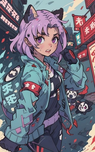 Comic, kawaii, master piece, beautiful girl in an abandoned zombie filled city, red_panda, paw_gloves, Fur_boots, animal_marking, face_paint, chocolate_hair, violet_eyes, furry_jacket,yofukashi background, zombies,hinata,1990s \(style\),kusanagi motoko,city,chundef, action_pose, battle_stance, back_pack,running,teenage , ripped_clothing, bloody_clothes, sweatpants,Circle,vectorstyle, happy_face, hungry,cammy sf6,c.c.,manga,manwha,chara-sheet