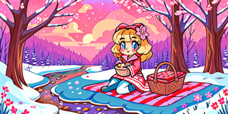 Solo_female,1930s (style), kawaii, outdoor, high_resolution, digital_art,|,a flowery field on a cold winter afternoon next to a brook| old blankets, bench, picnic, ruck_sack, basket, sack|,vectorstyle