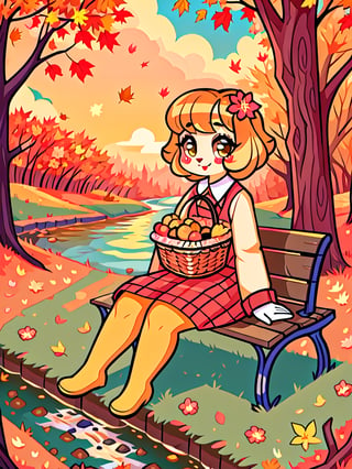 Solo_female,1930s (style), kawaii, outdoor, high_resolution, digital_art,|,a flowery field on a cool autumn afternoon next to a brook| old blankets, bench, picnic, ruck_sack, basket, sack|,vectorstyle