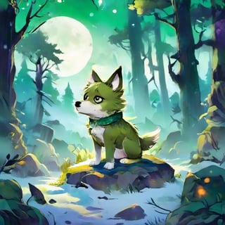 (masterpiece, best quality, ultra-detailed, 8K) A small, trembling wolf pup with shaggy fur the color of sage green, lost in a foggy and haunted forest. Its eyes dart around nervously, searching for a way out. SuddeaA small, trembling wolf pup with shaggy fur the color of sage green, lost in a foggy and haunted snow-covered forest. Its eyes dart around nervously, searching for a way out. Suddenly, it spots a graveyard in the distance, sending shivers down its spine. The pup clutches onto its old, tattered green neck bandana for comfort, but it knows it's in for a spooky adventure. only, it spots a graveyard in the distance, sending shivers down its spine. The pup clutches onto its old, tattered green neck bandana for comfort, but it knows it's in for a spooky adventure.,photo r3al,Land Of Boo