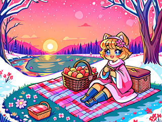 Solo_female,1930s (style), kawaii, outdoor, high_resolution, digital_art,|,a flowery field on a cold winter afternoon next to a brook| old blankets, bench, picnic, ruck_sack, basket, sack|,vectorstyle