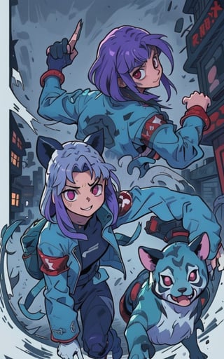 Comic, kawaii, master piece, beautiful girl in an abandoned zombie filled city, red_panda, paw_gloves, Fur_boots, animal_marking, face_paint, chocolate_hair, violet_eyes, furry_jacket,yofukashi background, zombies,hinata,1990s \(style\),kusanagi motoko,city,chundef, action_pose, battle_stance, back_pack,running,teenage , ripped_clothing, bloody_clothes, sweatpants,Circle,vectorstyle, happy_face, hungry,cammy sf6,c.c.,manga,manwha