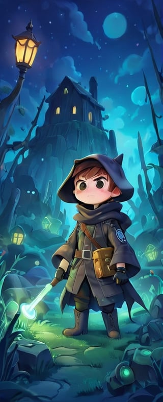 In a desolate world, a young grave digger boy roams the Bioluminescent tundra graveyard, his fur cloak and gas mask shielding him from the toxic air. With his magical miner's lantern and pick ax, he navigates the retro-future, hydro-punk landscape, reminiscent of a 1930s cartoon. But in this world, danger lurks around every corner. Will he find fortune or meet his doom on this treacherous journey?,gas mask,plague_doctor_mask ,Cybermask,3d style,chibi