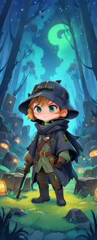 In a desolate world, a young grave digger boy roams the Bioluminescent tundra graveyard, his fur cloak and gas mask shielding him from the toxic air. With his magical miner's lantern and pick ax, he navigates the retro-future, hydro-punk landscape, reminiscent of a 1930s cartoon. But in this world, danger lurks around every corner. Will he find fortune or meet his doom on this treacherous journey?,gas mask,plague_doctor_mask ,Cybermask,3d style,chibi