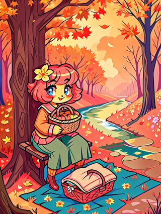 Solo_female,1930s (style), kawaii, outdoor, high_resolution, digital_art,|,a flowery field on a cool autumn afternoon next to a brook| old blankets, bench, picnic, ruck_sack, basket, sack|,vectorstyle