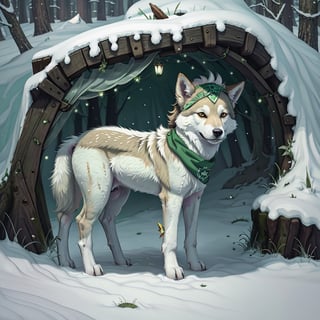 A small, trembling wolf pup with shaggy fur the color of sage green, lost in a foggy and haunted snow covered forest. Its eyes dart around nervously, searching for a way out. Suddenly, it spots a graveyard in the distance, sending shivers down its spine. The pup clutches onto its old, tattered green neck bandana for comfort, but it knows it's in for a spooky adventure.