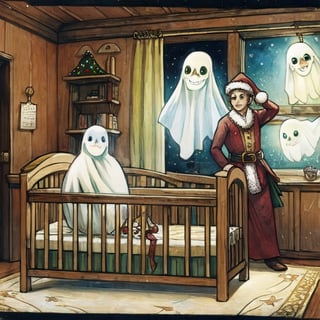 A young girl in a crib is visited by Dickenson's three ghost of Christmas. Vintnage postcard