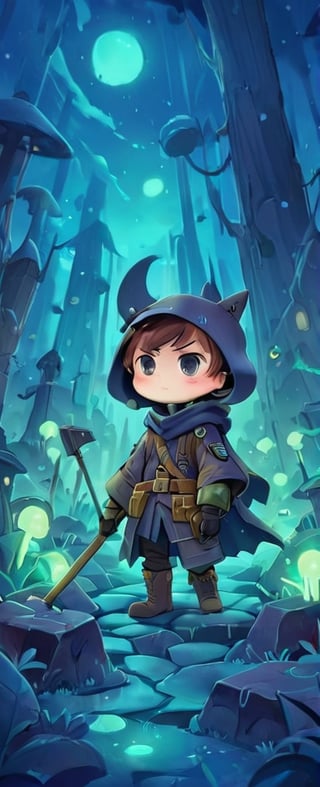 In a desolate world, a young grave digger boy roams the Bioluminescent tundra graveyard, his fur cloak and gas mask shielding him from the toxic air. With his magical miner's lantern and pick ax, he navigates the retro-future, hydro-punk landscape, reminiscent of a 1930s cartoon. But in this world, danger lurks around every corner. Will he find fortune or meet his doom on this treacherous journey?,gas mask,plague_doctor_mask ,Cybermask,3d style,chibi