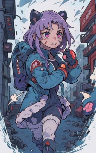 Comic, kawaii, master piece, beautiful girl in an abandoned zombie filled city, red_panda, paw_gloves, Fur_boots, animal_marking, face_paint, chocolate_hair, violet_eyes, furry_jacket,yofukashi background, zombies,hinata,1990s \(style\),kusanagi motoko,city,chundef, action_pose, battle_stance, back_pack,running,teenage , ripped_clothing, bloody_clothes, sweatpants,Circle,vectorstyle, happy_face, hungry,cammy sf6,c.c.,manga,manwha