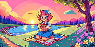 Solo_female,1930s (style), kawaii, outdoor, high_resolution, digital_art,|,a flowery field on a cool summer afternoon next to a brook| old blankets, bench, picnic, ruck_sack, basket, sack|,vectorstyle