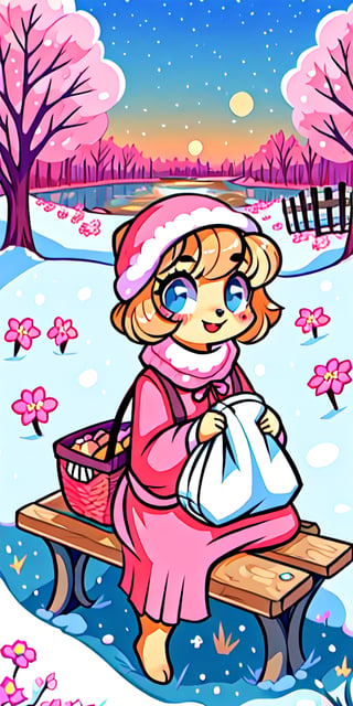 Solo_female,1930s (style), kawaii, outdoor, high_resolution, digital_art,|,a flowery field on a cold winter afternoon next to a brook| old blankets, bench, picnic, ruck_sack, basket, sack|,vectorstyle