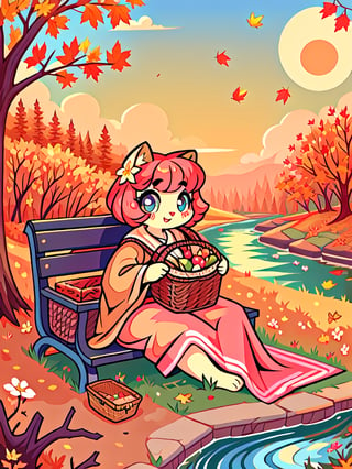 Solo_female,1930s (style), kawaii, outdoor, high_resolution, digital_art,|,a flowery field on a cool autumn afternoon next to a brook| old blankets, bench, picnic, ruck_sack, basket, sack|,vectorstyle