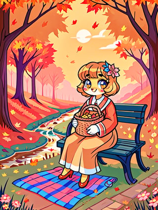 Solo_female,1930s (style), kawaii, outdoor, high_resolution, digital_art,|,a flowery field on a cool autumn afternoon next to a brook| old blankets, bench, picnic, ruck_sack, basket, sack|,vectorstyle