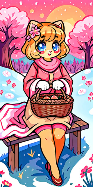 Solo_female,1930s (style), kawaii, outdoor, high_resolution, digital_art,|,a flowery field on a cold winter afternoon next to a brook| old blankets, bench, picnic, ruck_sack, basket, sack|,vectorstyle