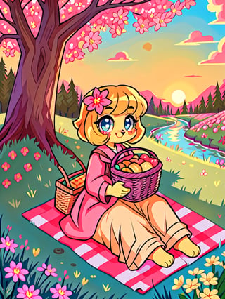 Solo_female,1930s (style), kawaii, outdoor, high_resolution, digital_art,|,a flowery field on a cool summer afternoon next to a brook| old blankets, bench, picnic, ruck_sack, basket, sack|,vectorstyle