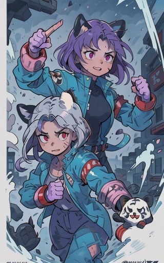 Comic, kawaii, master piece, beautiful girl in an abandoned zombie filled city, red_panda, paw_gloves, Fur_boots, animal_marking, face_paint, chocolate_hair, violet_eyes, furry_jacket,yofukashi background, zombies,hinata,1990s \(style\),kusanagi motoko,city,chundef, action_pose, battle_stance, back_pack,running,teenage , ripped_clothing, bloody_clothes, sweatpants,Circle,vectorstyle, happy_face, hungry,cammy sf6,c.c.,manga,manwha