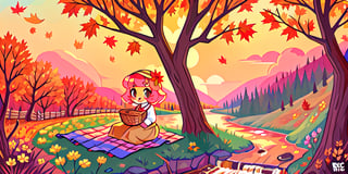 Solo_female,1930s (style), kawaii, outdoor, high_resolution, digital_art,|,a flowery field on a cool autumn afternoon next to a brook| old blankets, bench, picnic, ruck_sack, basket, sack|,vectorstyle