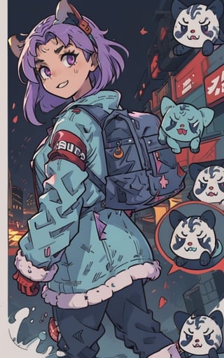 Comic, kawaii, master piece, beautiful girl in an abandoned zombie filled city, red_panda, paw_gloves, Fur_boots, animal_marking, face_paint, chocolate_hair, violet_eyes, furry_jacket,yofukashi background, zombies,hinata,1990s \(style\),kusanagi motoko,city,chundef, action_pose, battle_stance, back_pack,running,teenage , ripped_clothing, bloody_clothes, sweatpants,Circle,vectorstyle, happy_face, hungry,cammy sf6,c.c.,manga,manwha,chara-sheet