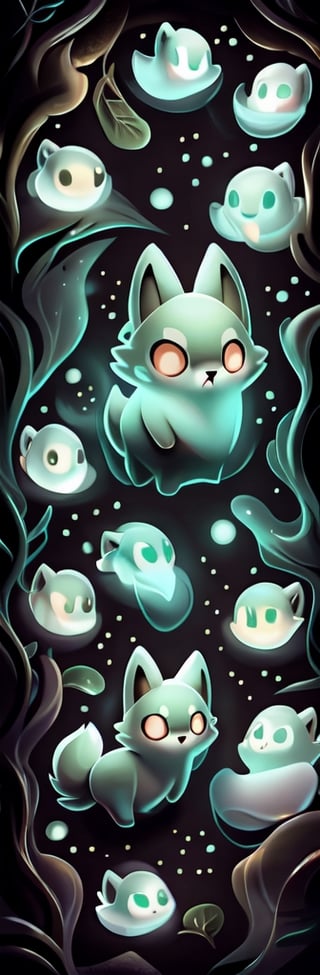 a cute scared wolf pup with sage colored fur lost in a haunted foggy forest, Chibi, sage, fog, ghosts,forest