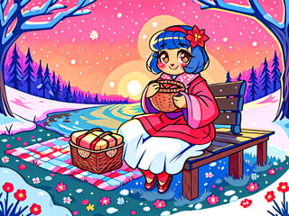 Solo_female,1930s (style), kawaii, outdoor, high_resolution, digital_art,|,a flowery field on a cold winter afternoon next to a brook| old blankets, bench, picnic, ruck_sack, basket, sack|,vectorstyle