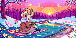 Solo_female,1930s (style), kawaii, outdoor, high_resolution, digital_art,|,a flowery field on a cold winter afternoon next to a brook| old blankets, bench, picnic, ruck_sack, basket, sack|,vectorstyle