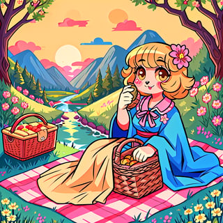 Solo_female,1930s (style), kawaii, outdoor, high_resolution, digital_art,|,a flowery field on a cool summer afternoon next to a brook| old blankets, bench, picnic, ruck_sack, basket, sack|,vectorstyle