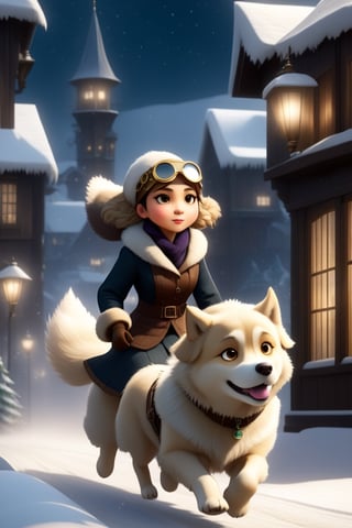 1930s (style), kawaii, chibi, Prompt details
In a snow-covered mountain town in 1920s Oregon, a mysterious and dark atmosphere envelops the scene. The wheelchair-bound Inuit witch girl, wearing aviation goggles, is being pulled through the town by a cuddly white golden retriever, their figures barely visible in the dim light. Strategically positioned in the composition, silhouettes of owls and wolves create a sense of movement and anticipation. Experimenting with different levels of motion blur, the creatures appear to glide through the air or swiftly traverse the shadows. Subtle streaks and blurs of falling snowflakes add a dynamic and immersive effect, while the whirling wind takes on a more intense and dramatic appearance. The steampunk-inspired architecture serves as a backdrop, enhancing the enigmatic allure of the scene. This captivating and atmospheric artwork blends elements of mystery, darkness, steampunk, and the natural world, creating a spellbinding tableau.,Movie Still,HZ Steampunk