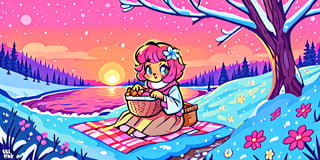 Solo_female,1930s (style), kawaii, outdoor, high_resolution, digital_art,|,a flowery field on a cold winter afternoon next to a brook| old blankets, bench, picnic, ruck_sack, basket, sack|,vectorstyle