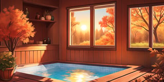 1930s (style), kawaii, inside a peaceful and relaxing small Portland, Oregon  old fashion 1950s spa, with the soft autumn sun shinning softy through the front windows, realistic photo