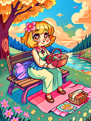 Solo_female,1930s (style), kawaii, outdoor, high_resolution, digital_art,|,a flowery field on a cool summer afternoon next to a brook| old blankets, bench, picnic, ruck_sack, basket, sack|,vectorstyle