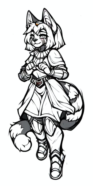 A scarred red panda girl lost in a Sami-Egyptian slum running for armored Jackal evil guards, line_art, Black_and_white