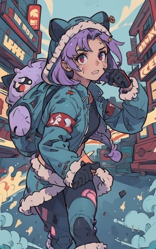 Comic, kawaii, master piece, beautiful girl in an abandoned zombie filled city, red_panda, paw_gloves, Fur_boots, animal_marking, face_paint, chocolate_hair, violet_eyes, furry_jacket,yofukashi background, zombies,hinata,1990s \(style\),kusanagi motoko,city,chundef, action_pose, battle_stance, back_pack,running,teenage , ripped_clothing, bloody_clothes, sweatpants,Circle,vectorstyle, happy_face, hungry,cammy sf6,c.c.,manga,manwha,chara-sheet